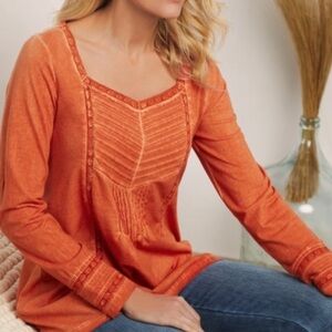 Soft Surroundings Philomena Orange Embroidered Long Sleeve Pleated Top Large